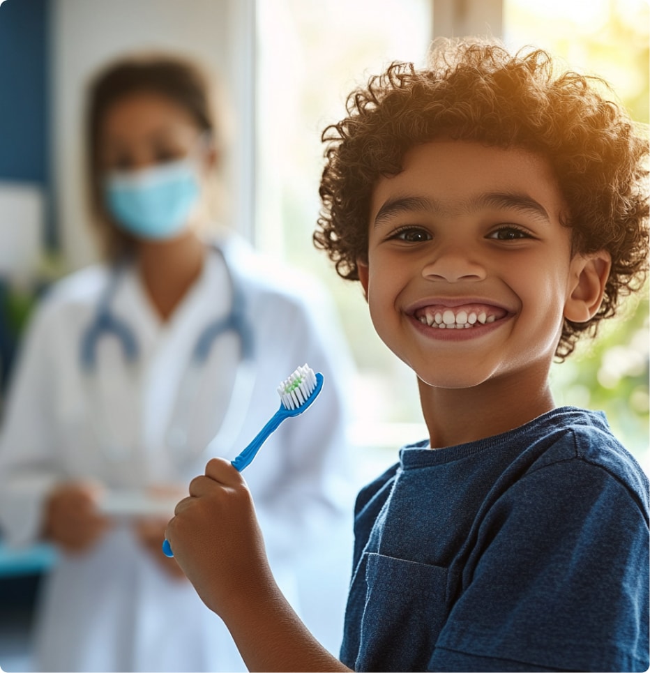 Smiling child holding a toothbrush, with a masked person in a white coat blurred in the background, in a bright room.